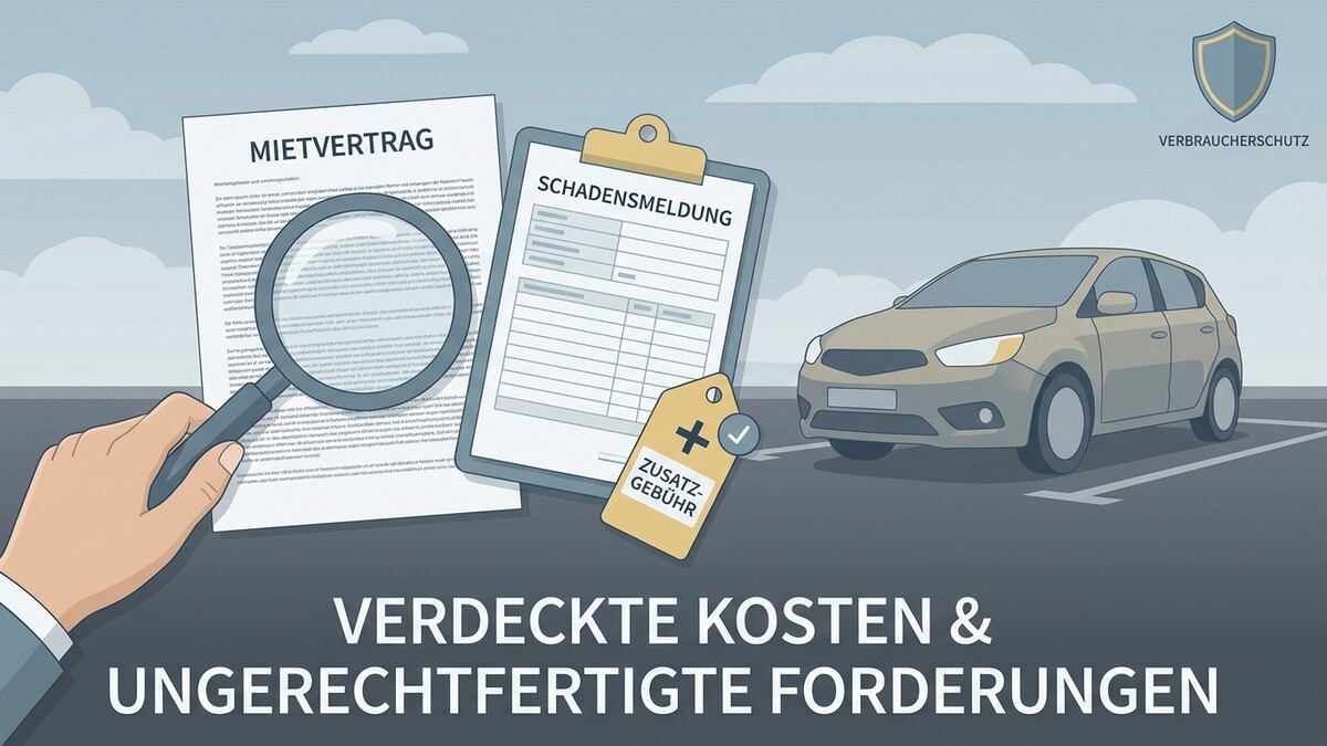 Mietvertrag mit Lupe, Schadensmeldung und Auto symbolisieren versteckte Kosten.
