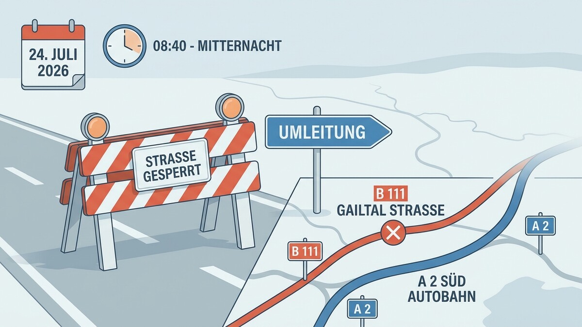 Umleitung B 111 Gailtal Straße ab 24. Juli 2026, 08:40 Uhr, Sperre mit Umleitungsschild