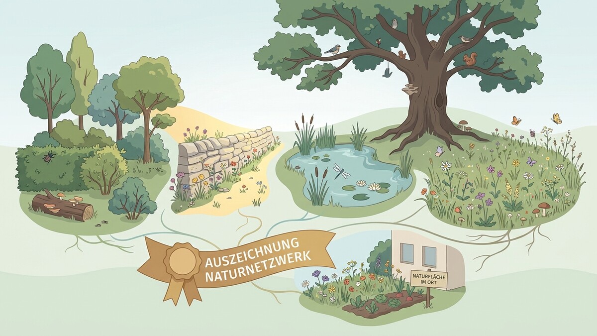 Auszeichnung Naturnetzwerk mit Teich, Blumenwiese, Baum, Mauer und Naturfläche im Ort