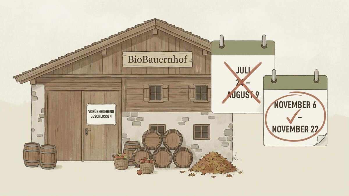 BioBauernhof mit Fässern und Kalendern, die Schließzeiten anzeigen.