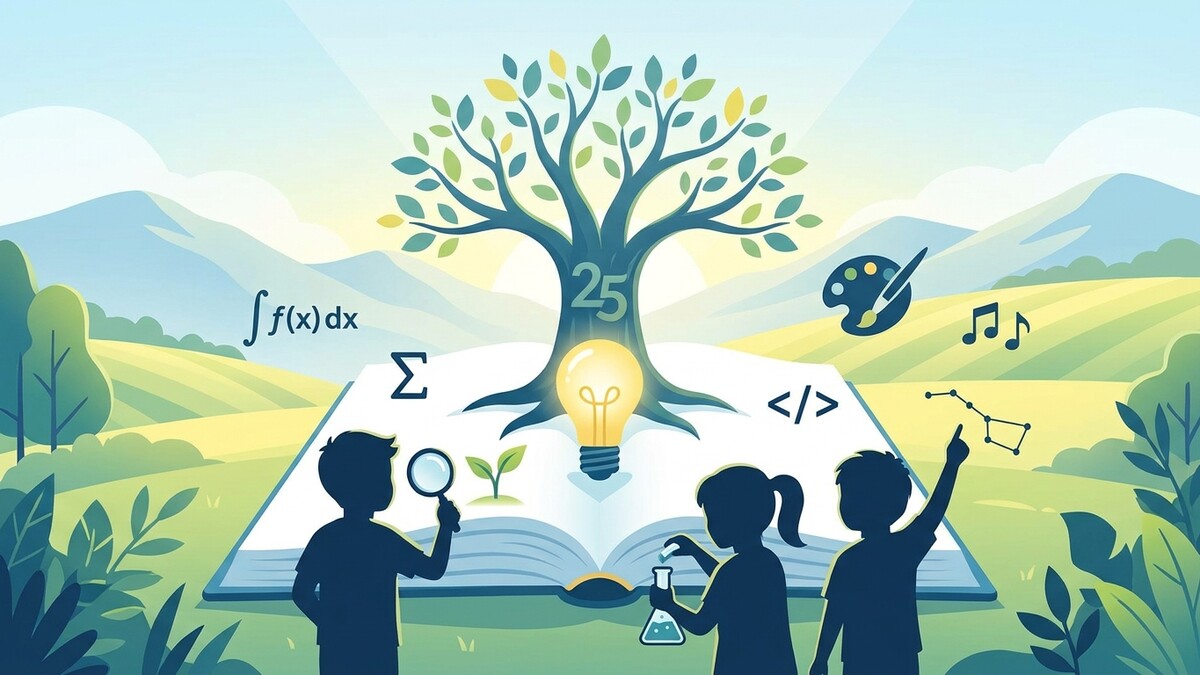 Kinder erforschen Wissen: Baum des Lernens mit Mathe, Kunst, Musik, Programmierung und Sternbildern.