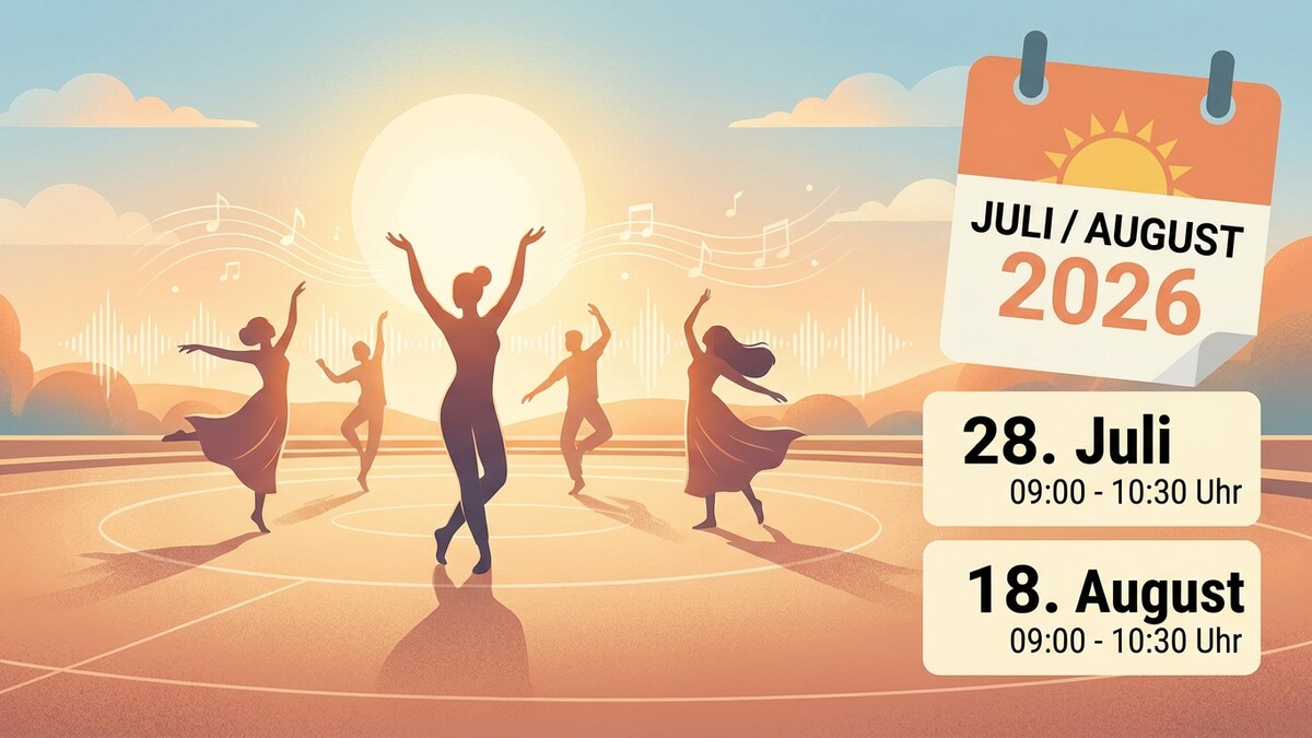 Tanzende Silhouette von Menschen vor aufgehender Sonne mit Kalender und Daten