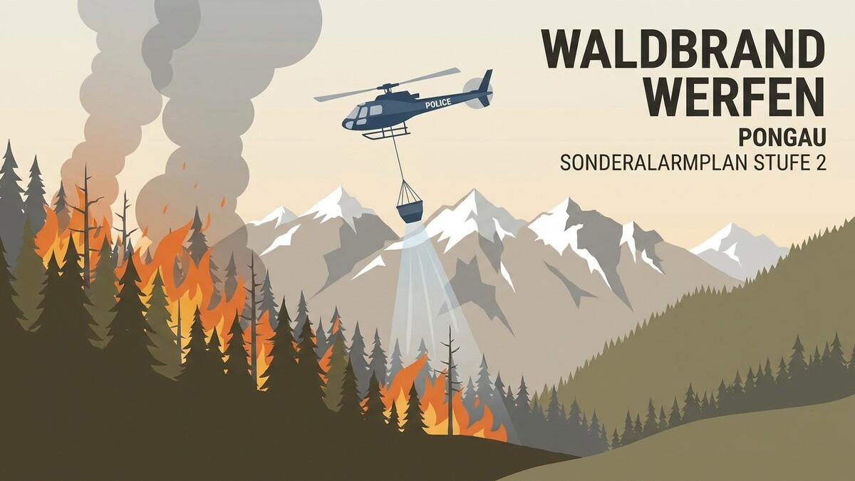 Waldbrand Werfen im Pongau: Polizeihubschrauber löscht Feuer mit Wasserbehälter über Bergwald