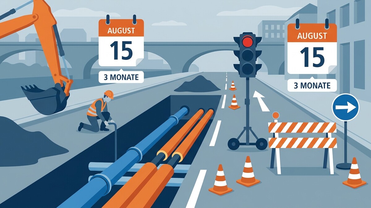 Baustelle mit Bagger, Bauarbeiter und Kalenderblatt August 15, 3 Monate