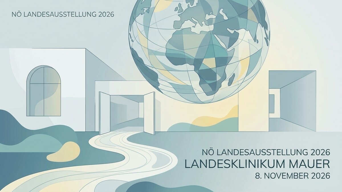 NÖ Landesaustellung 2026 Landesklinikum Mauer, Globus über stilisierter Architektur mit Weg
