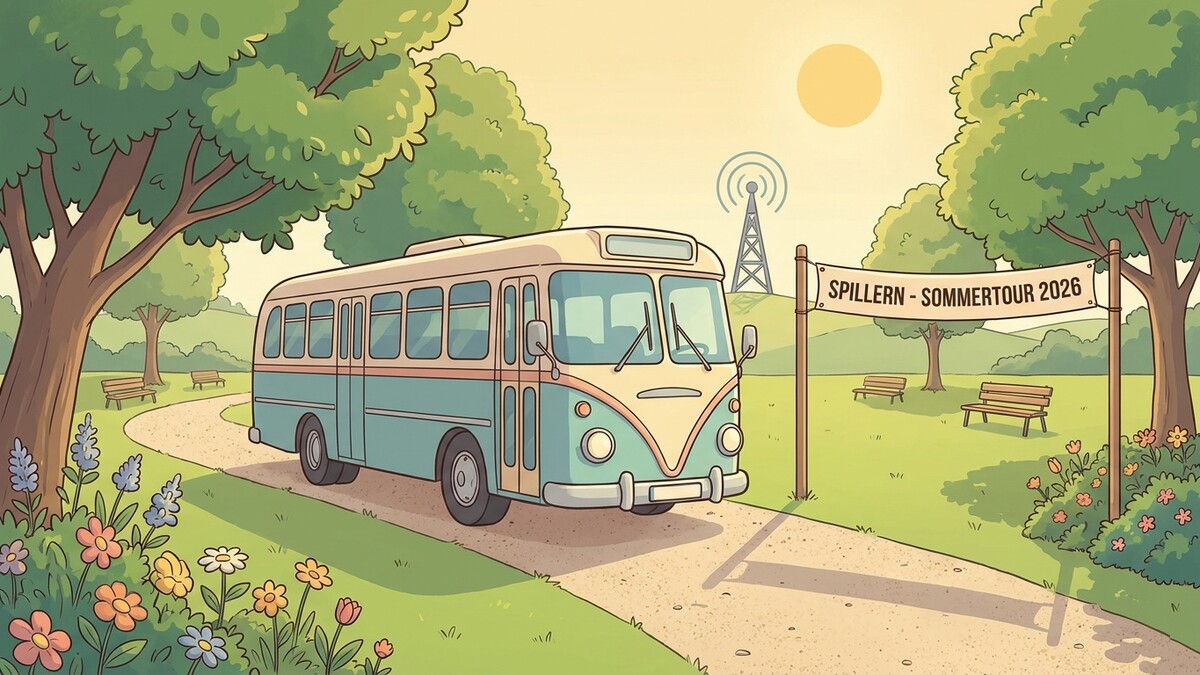 Oldtimer-Bus vor Spierln-Sommertour 2026-Banner in idyllischer Parklandschaft