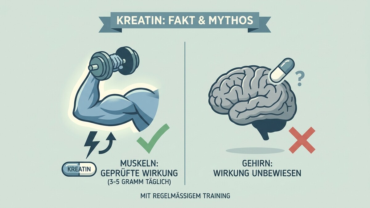 Kreatin: Muskeltraining mit Hantel und Gehirn mit Fragezeichen und Kapsel