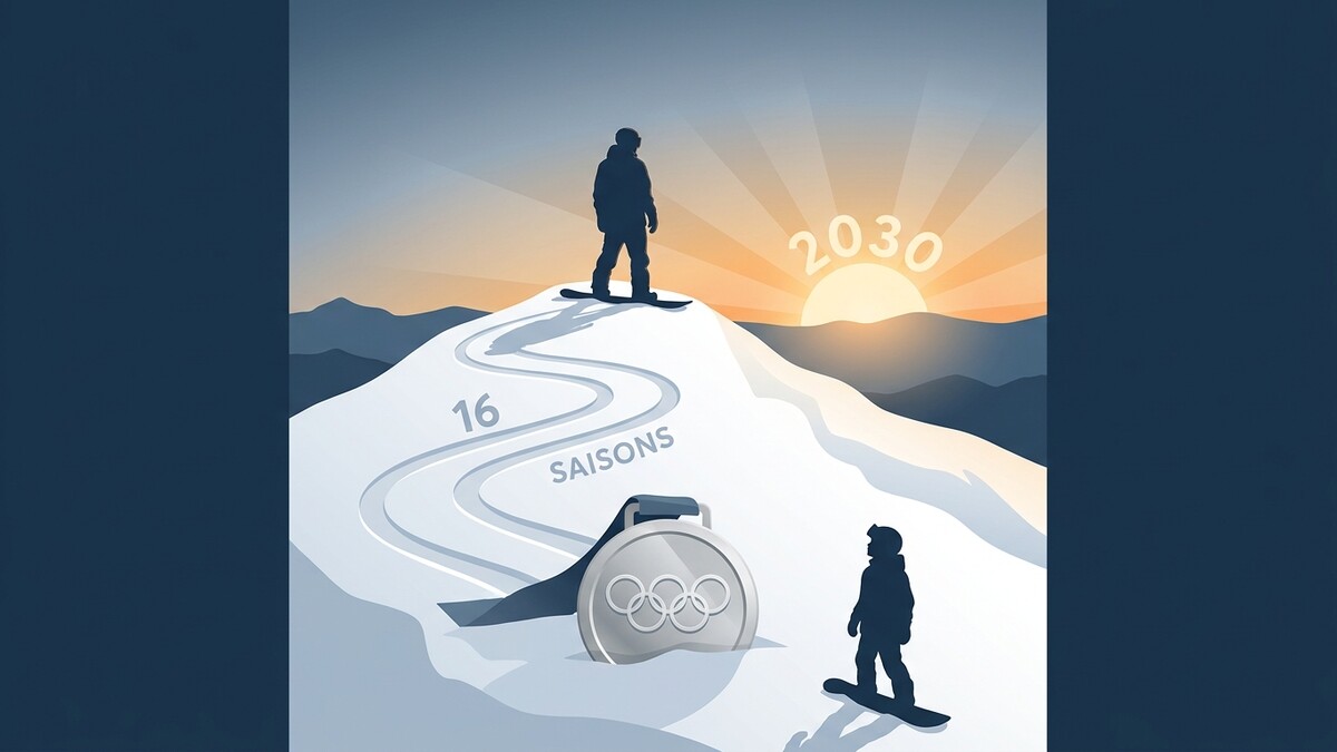 Snowboarder vor aufgehender Sonne mit Jahreszahl 2030 und Olympia-Medaillen