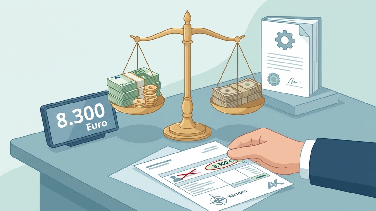 Euro auf Waage und Bildschirm mit Dokumenten und AK Kärnten Logo