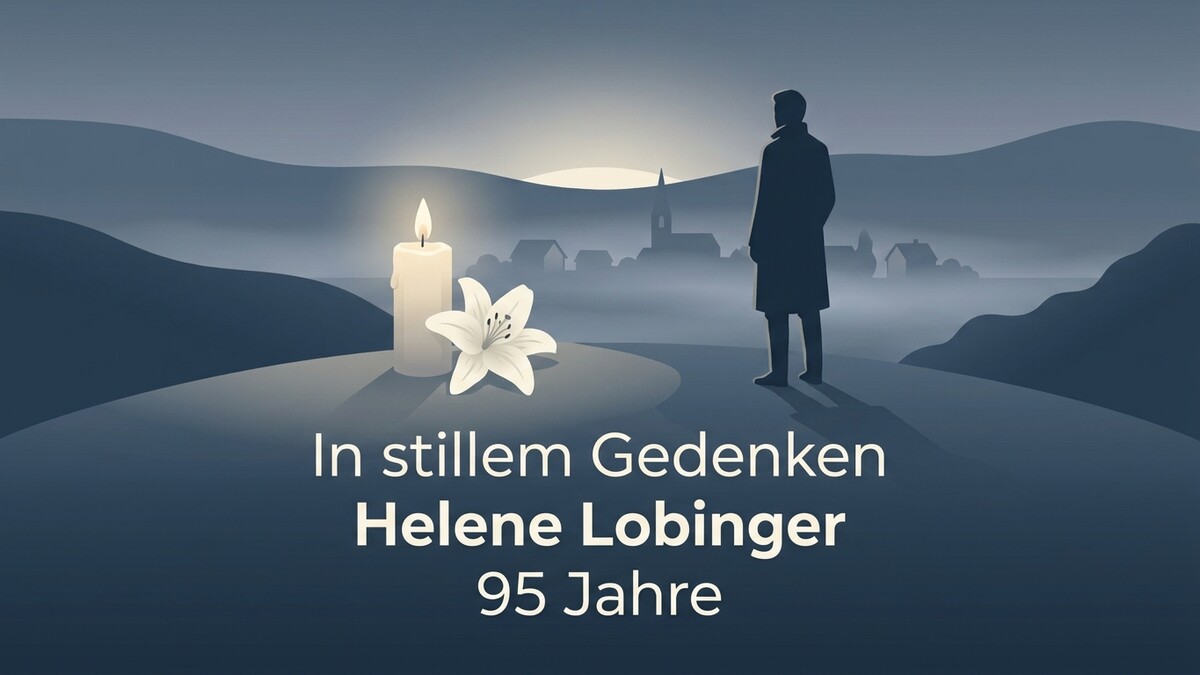 Trauerbild mit Kerze, Lilie, Silhouette und Dorf