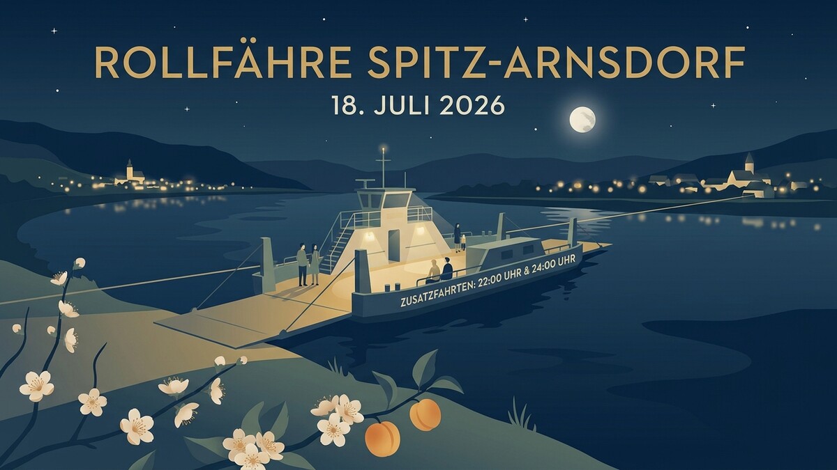 Rollfähre Spitz-Arnsdorf mit Menschen an Bord bei Nacht