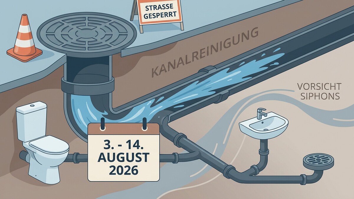 Kanalreinigung in Wien: Baustellenschild, Abflussrohre, WC, Waschbecken und Kalender 3.-14. August 2026