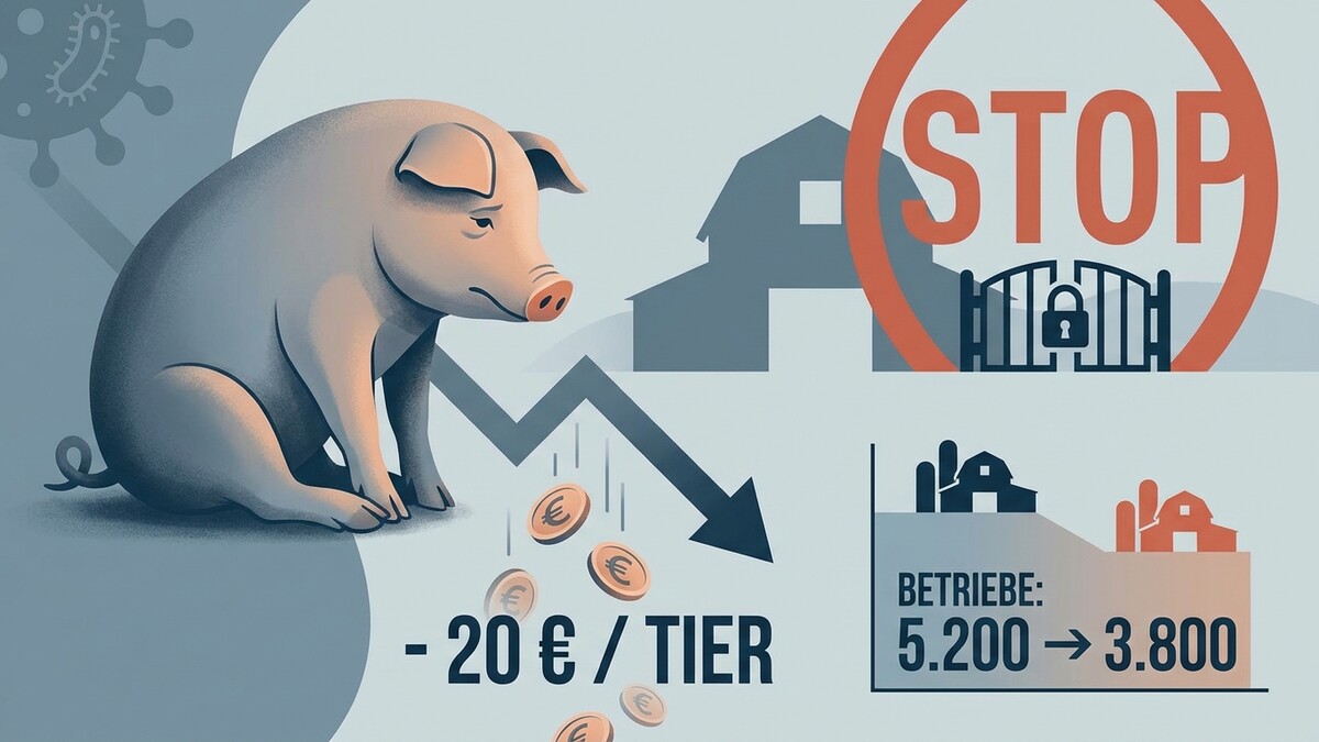 Schweinebestand: Trauriges Schwein, fallende Kurve, Euro-Münzen, Stopp-Schild, Tierverluste, Betriebe: 5.200 → 3.800
