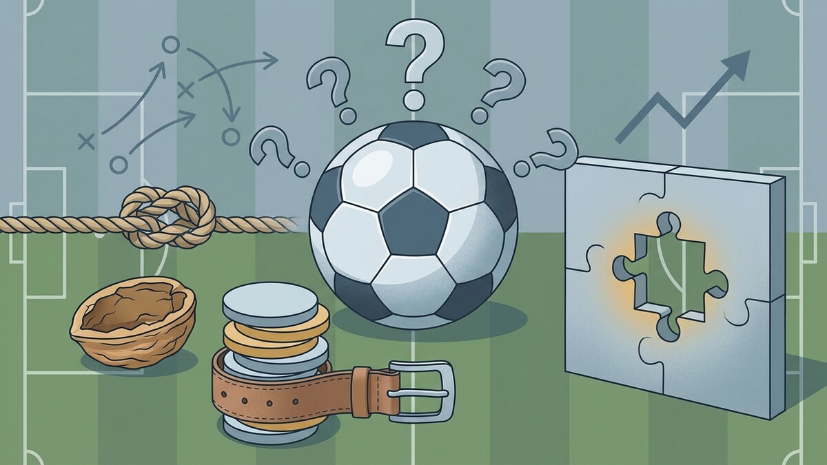 Fußball, Strategie, Fragezeichen, Puzzle und Geld auf einem Fußballfeld
