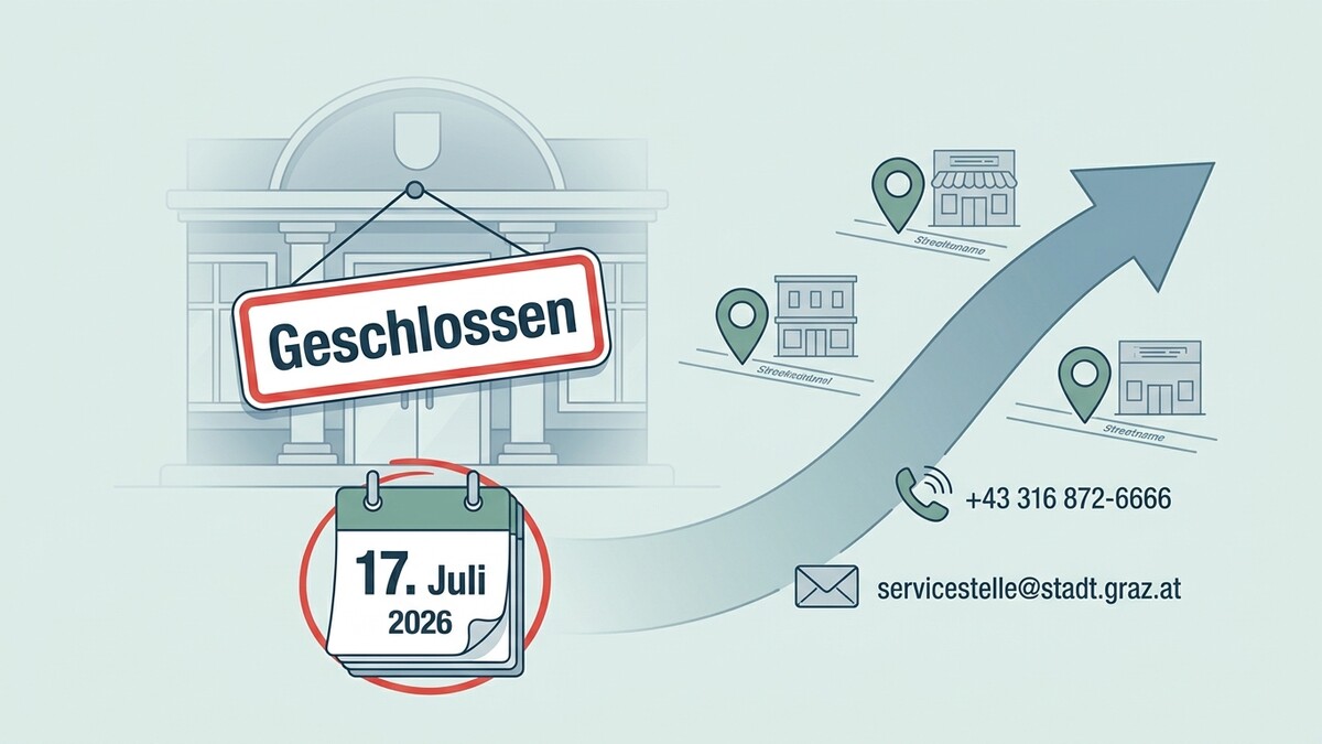 Geschlossen Schild vor Gebäude, Kalender 17. Juli 2026, Pfeil mit Geschäften und Kontaktdaten