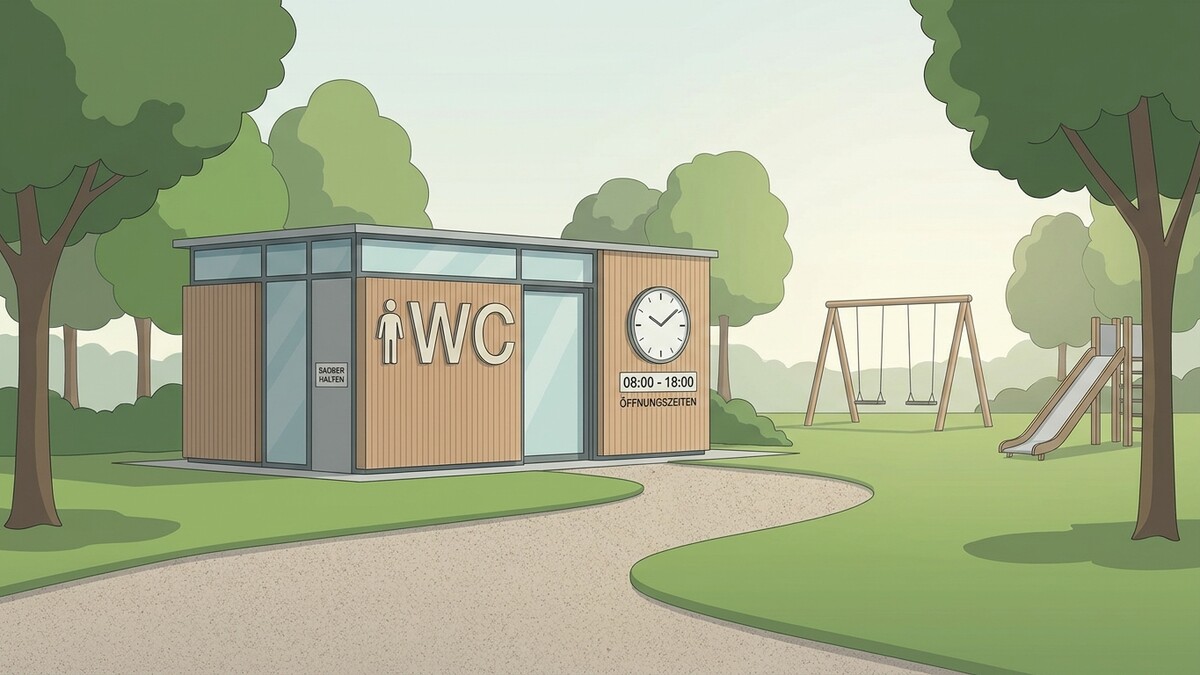 WC-Anlage mit Spielplatz und Schaukeln im Park, Öffnungszeiten 08:00-18:00