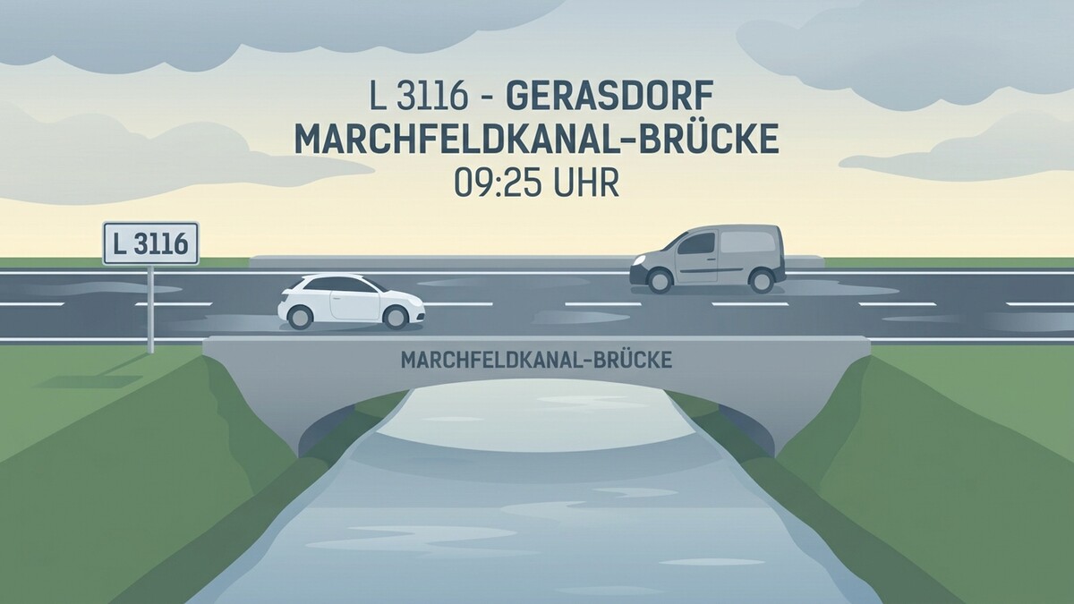 Marchfeldkanal-Brücke L3116 bei Gerasdorf, PKW und Lieferwagen, 09:25 Uhr