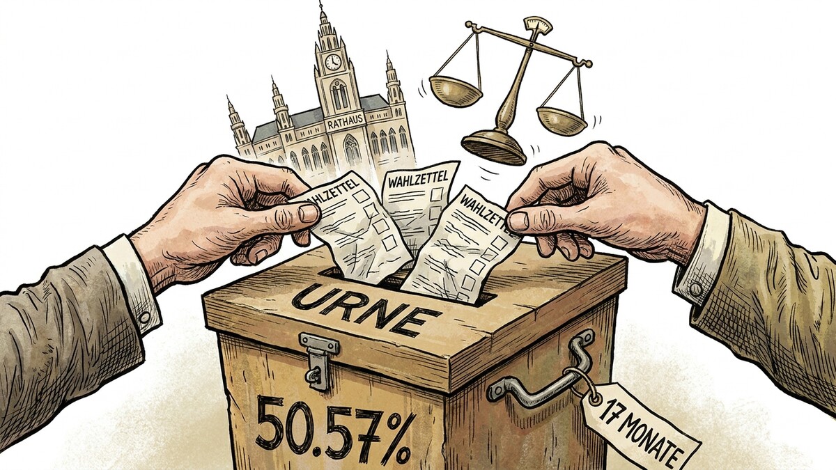 Wahlurne mit Stimmzetteln und Waage vor Wiener Rathaus, 50,57% und 17 Monate Beschriftung