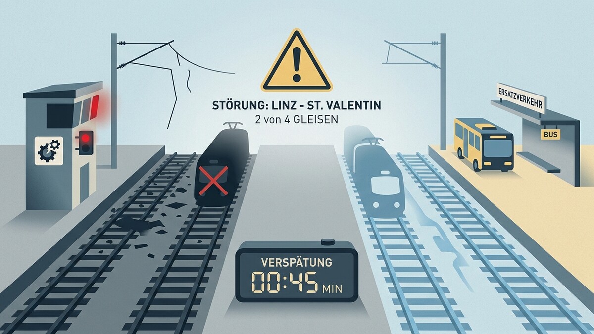 Störung Linz-St. Valentin: Zug mit rotem Kreuz auf Gleis, Verspätung 45 Minuten, Ersatzverkehr mit Bus
