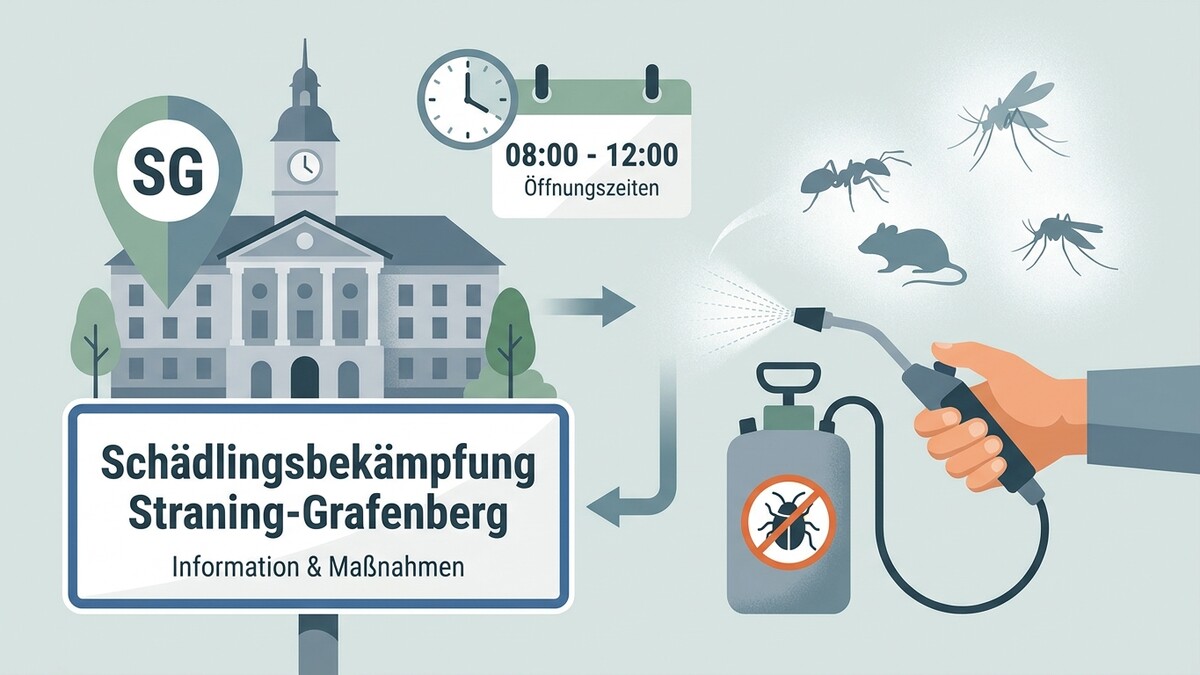 Schädlingsbekämpfung Stranning-Grafenberg: Gebäude, Schädlingssymbol, Sprühgerät mit Hand, Tiere, Uhr, Kalender
