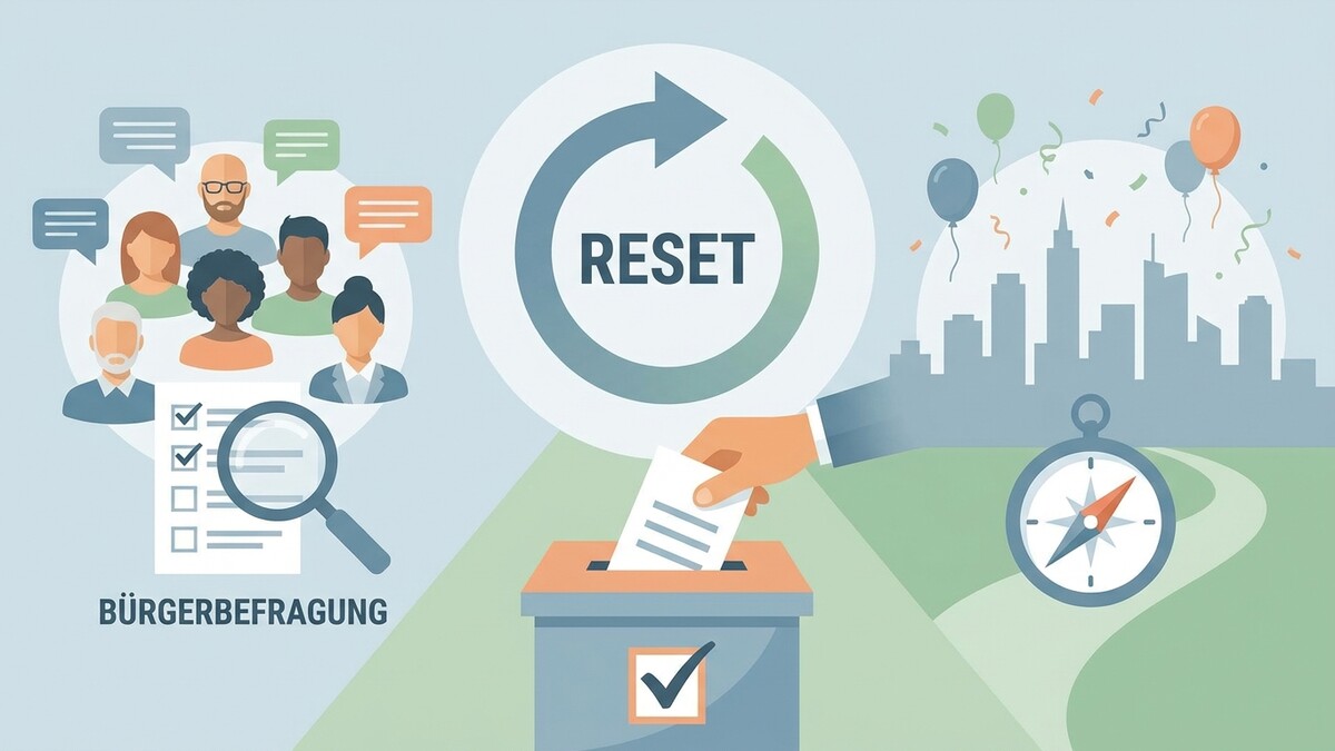 Bürgerbefragung mit Wahlurne, Reset-Symbol und Stadtpanorama mit Kompass
