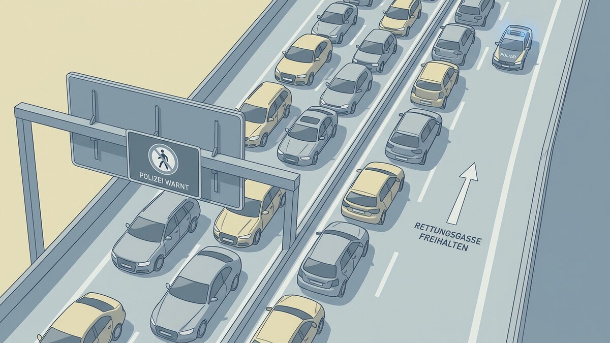 Autos auf Autobahn mit Schild "Polizei warnt" und Pfeil für Rettungsgasse