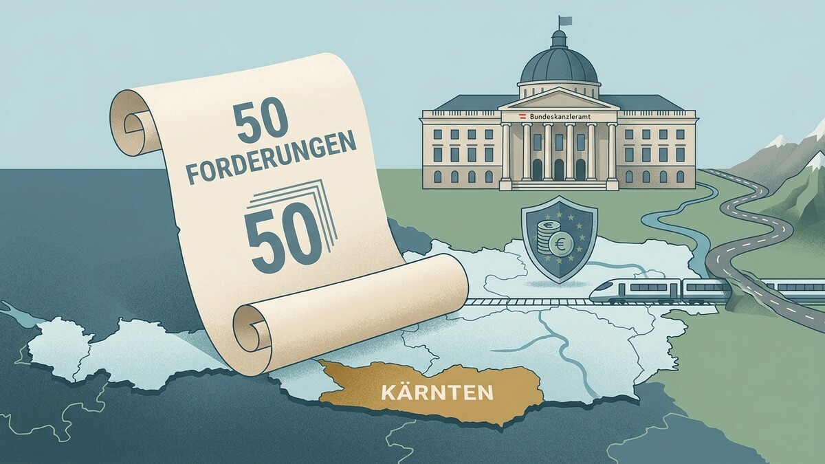 50 Forderungen auf Schriftrolle über Kärnten, Bundeskanzleramt, Schild mit Euro-Münzen und Zug.