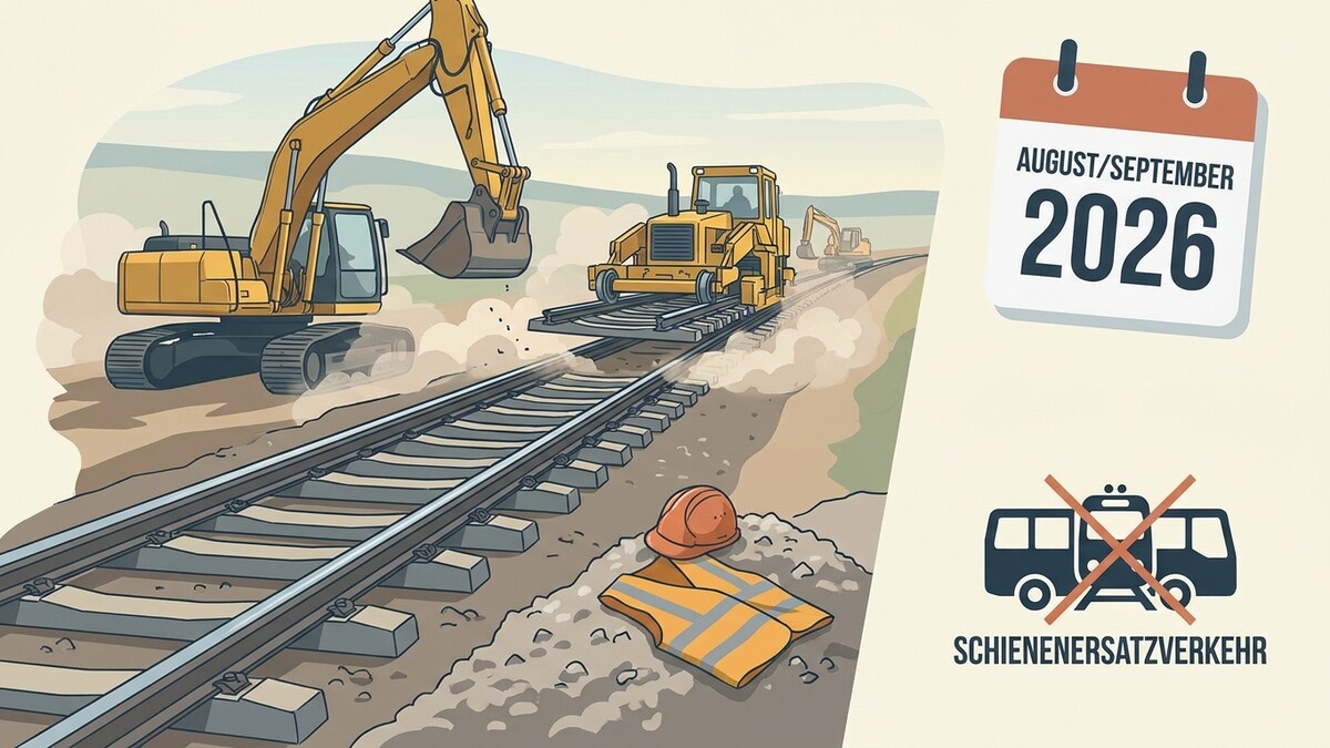 Gleisbauarbeiten mit Bagger und Schienenfahrzeug, August/September 2026, kein Schienenersatzverkehr