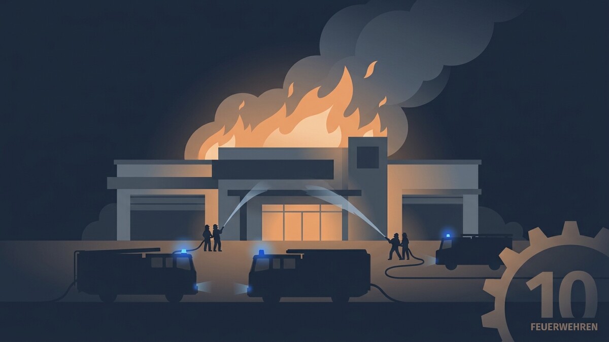 Feuerwehrleute löschen brennendes Gebäude mit Feuerwehrautos und Wasserwerfern, 10 Feuerwehren.