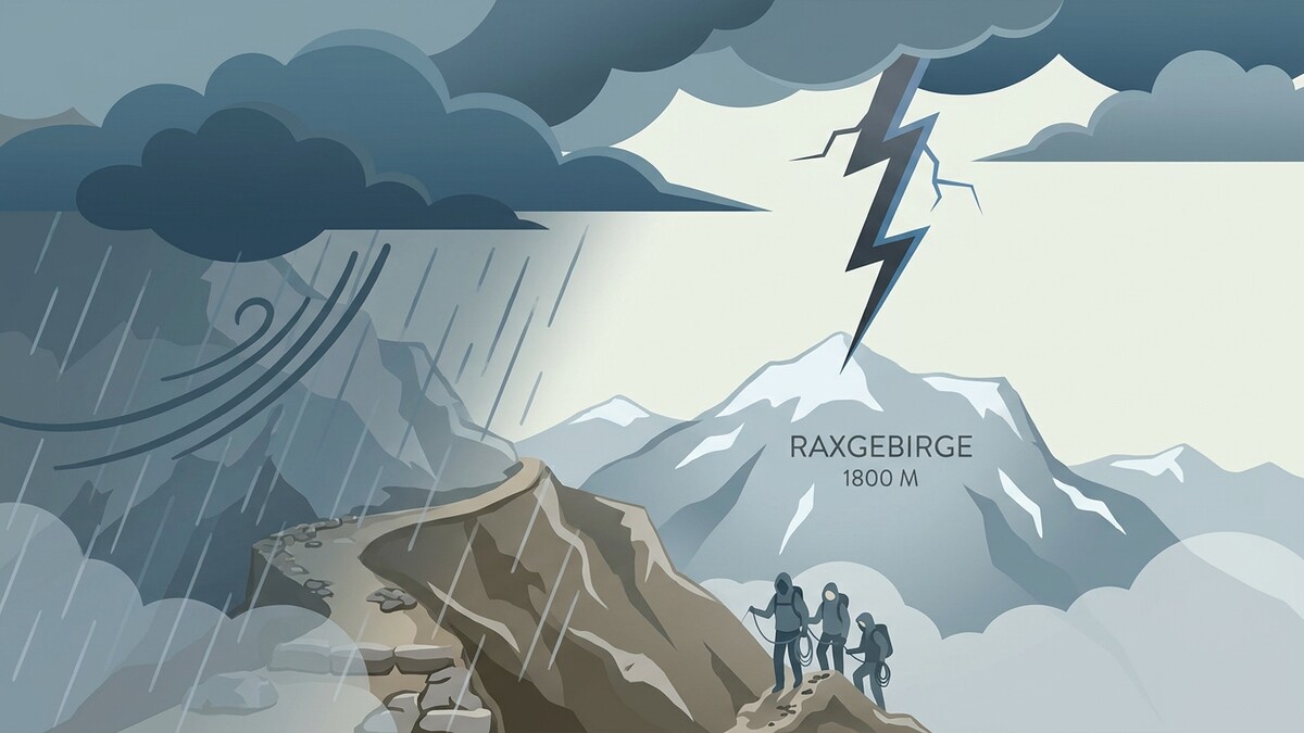 Raxgebirge 1800 m: Wanderer bei Gewitter mit Blitz, Regen und Sturm