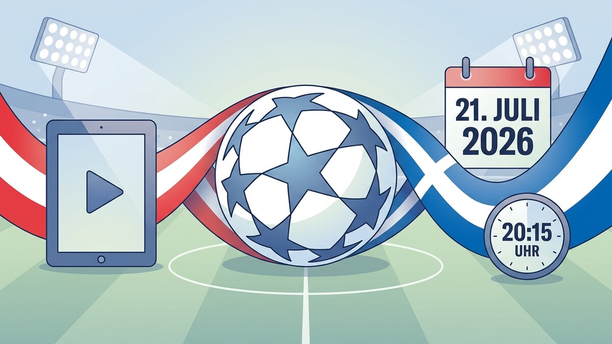Fußballspiel am 21. Juli 2026 um 20:15 Uhr, übertragen auf Tablet, mit Fahnen und Stadionlichtern