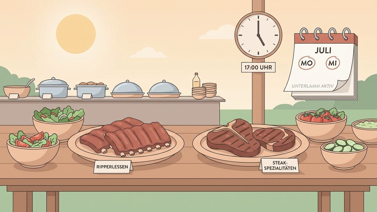 Grillbuffet mit Rippen, Steaks, Salaten und Beilagen bei Sonnenschein
