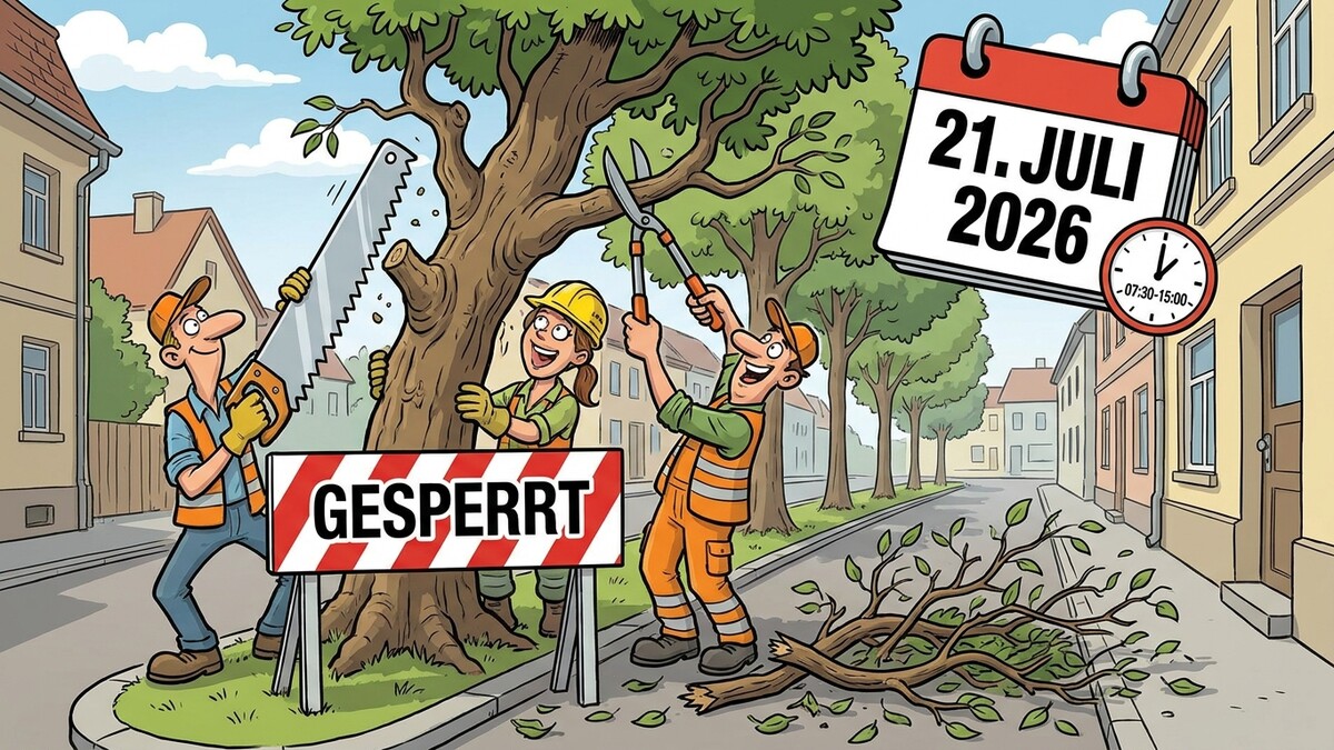 Baumarbeiten: Zwei Arbeiter sägen und schneiden Äste, Kalenderblatt 21. Juli 2026.