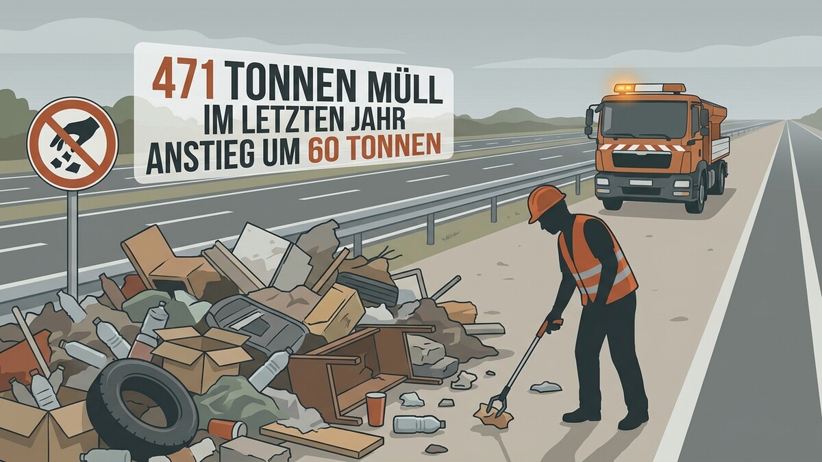 Müllentsorgung auf Autobahn: Arbeiter sammelt Müll, daneben ein LKW und ein Schild mit 471 Tonnen Müll.