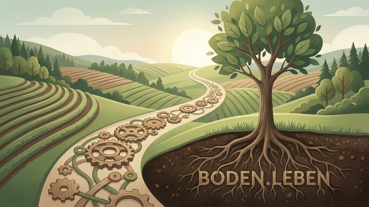 Boden.Leben: Baum mit Wurzeln und Zahnrädern auf einem Feldweg in hügeliger Landschaft
