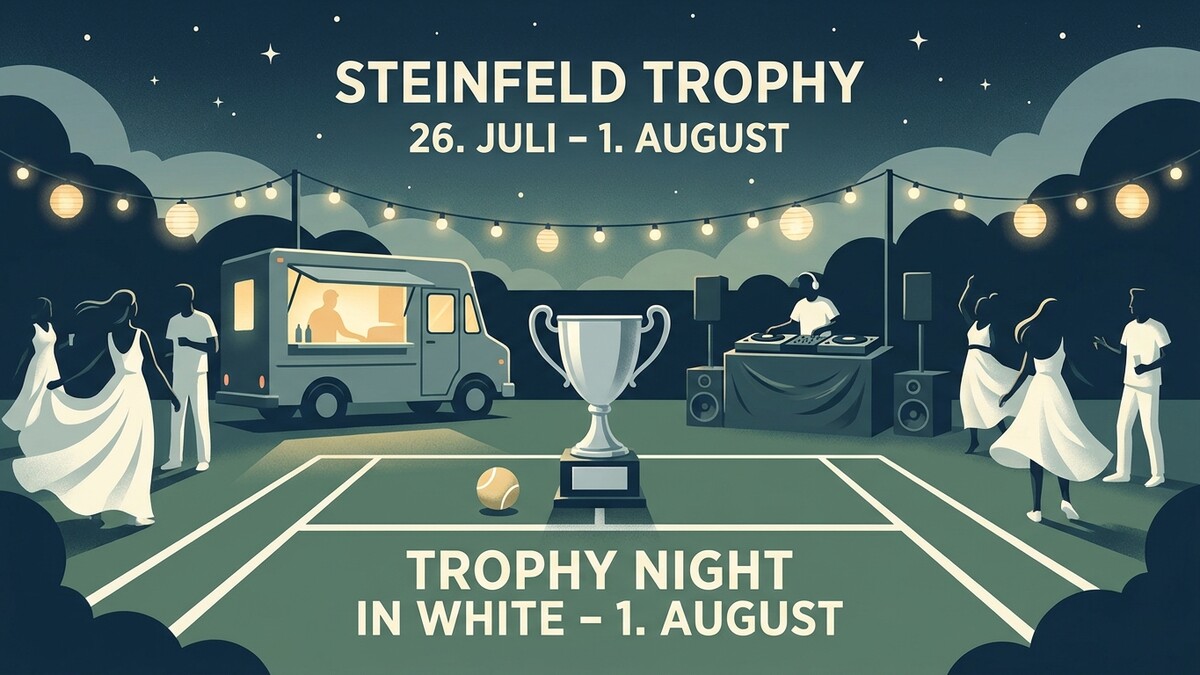 Steinfeld Trophy Nacht in Weiß: DJ, Pokal, Tennisball und tanzende Gäste auf dem Platz