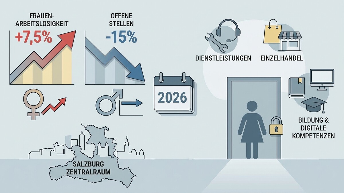 Frauenarbeitslosigkeit steigt, offene Stellen sinken, Salzburg Zentralraum, 2026, Dienstleistungen, Einzelhandel, Bildung & digitale Kompetenzen