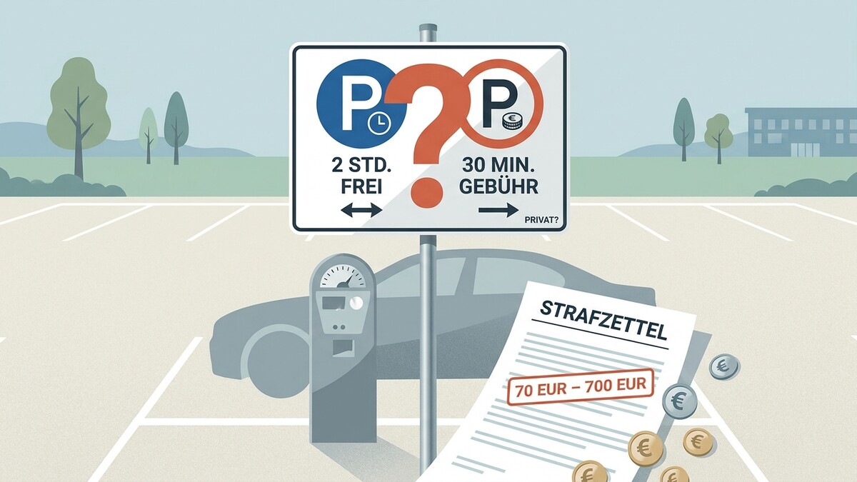 Parkschild mit Fragezeichen und Strafzettel mit Euro-Münzen auf Parkplatz