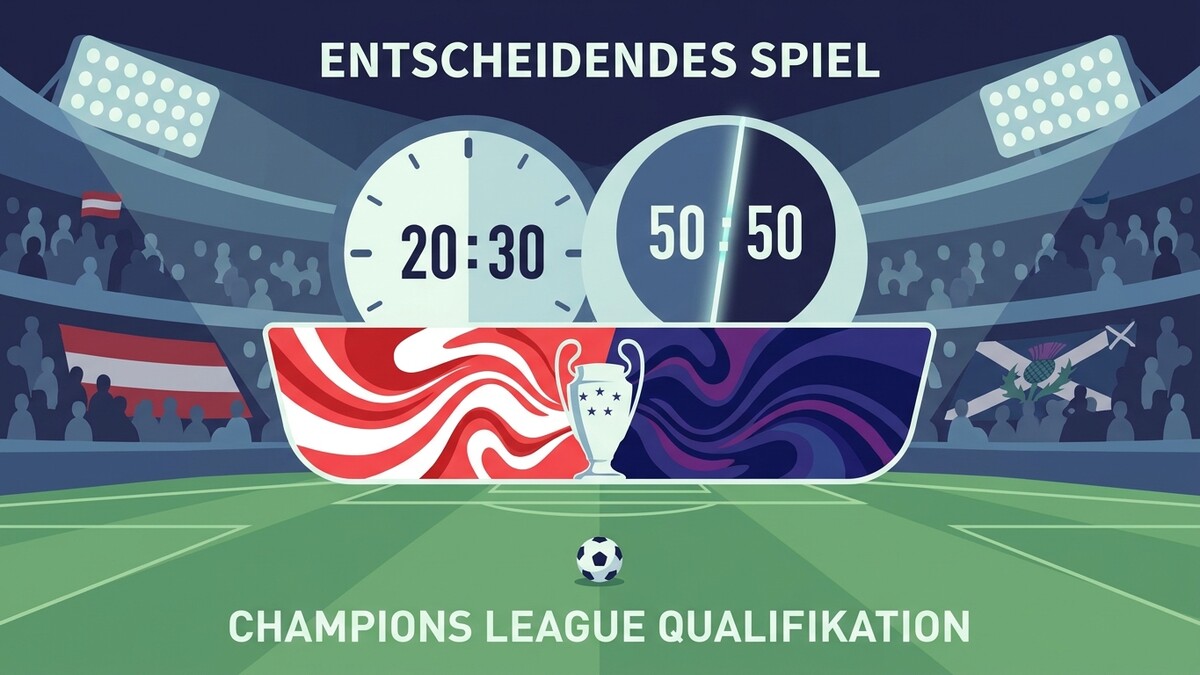 Champions League Qualifikation: Stadion mit österreichischer und schottischer Flagge, Anzeigetafel 20:30, 50:50