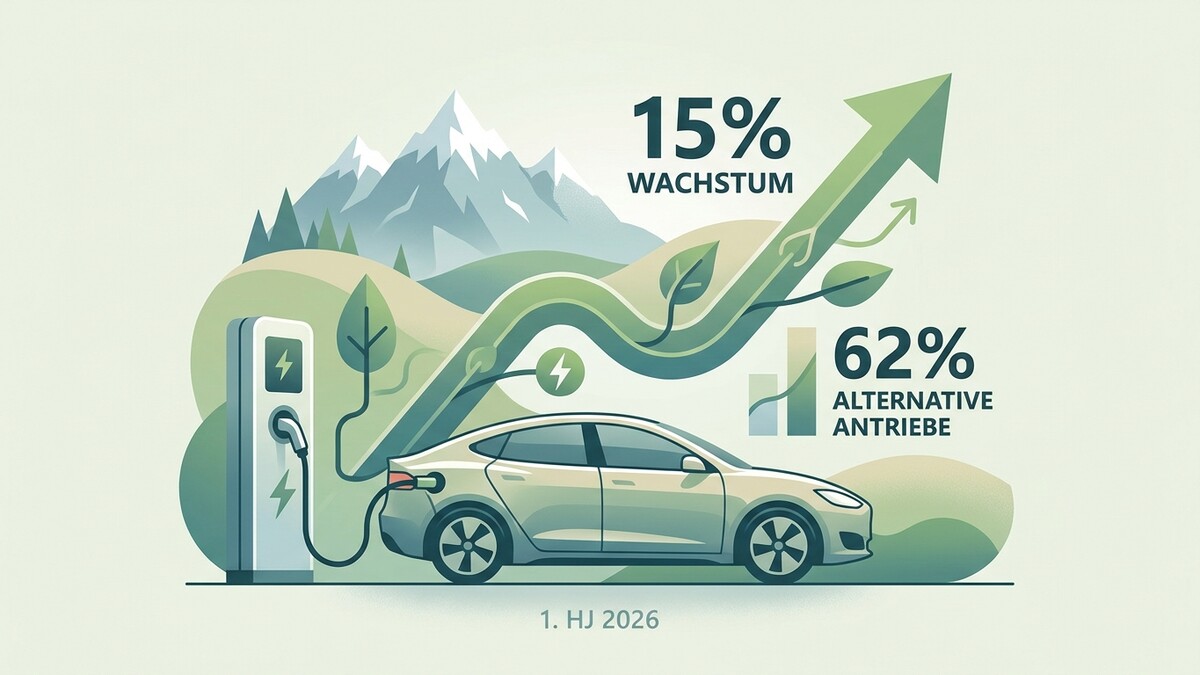 Elektroauto lädt an Ladestation vor Bergkulisse, 15% Wachstum, 62% alternative Antriebe