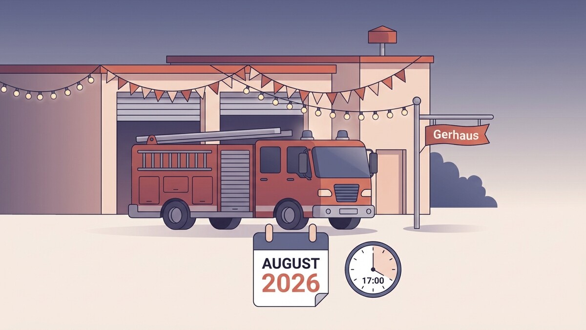 Feuerwehrfahrzeug vor dem Gerhaus mit Girlanden, Kalender August 2026 und Uhrzeit 17:00