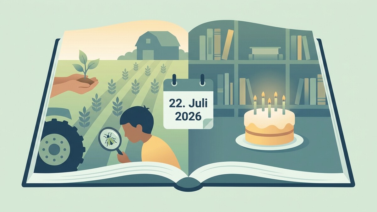 Buch mit Landwirtschaftsszene und Geburtstagsfeier, Kalenderblatt 22. Juli 2026