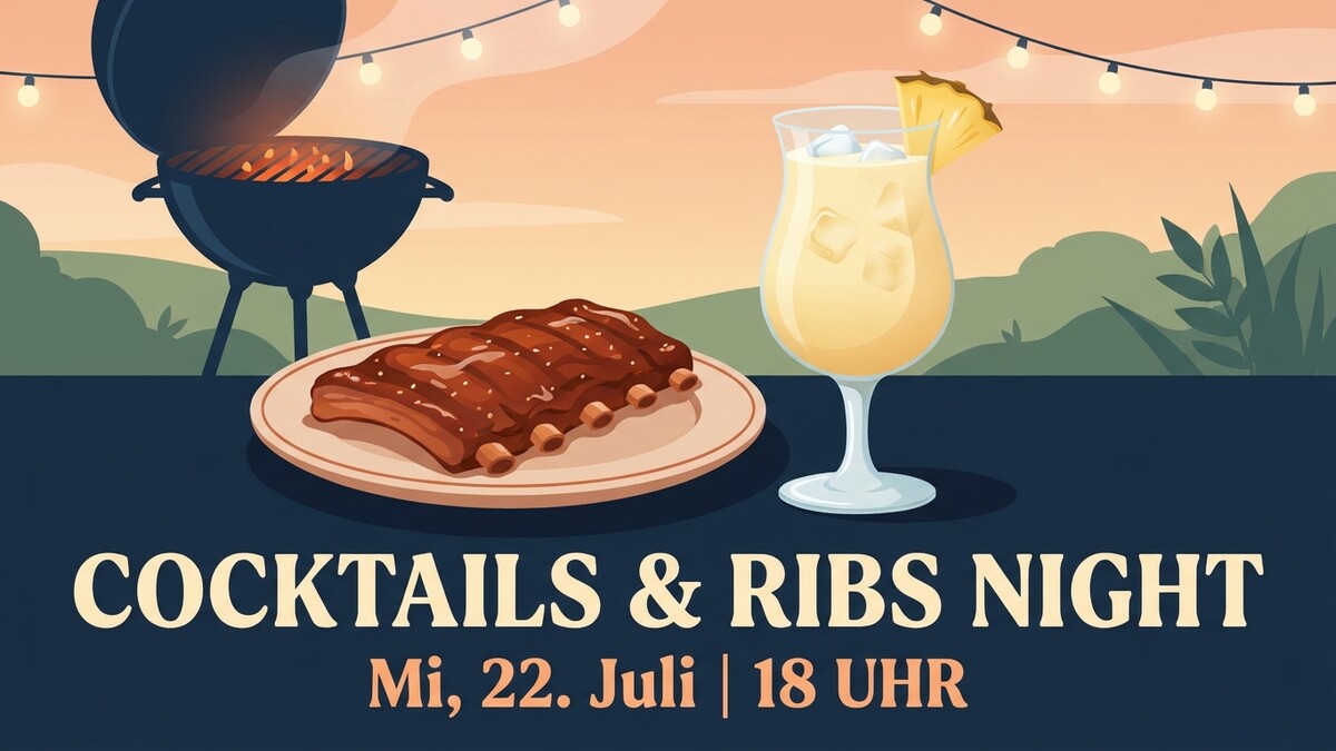 Grill mit Rippchen und Cocktail vor Bergkulisse mit Lichterkette