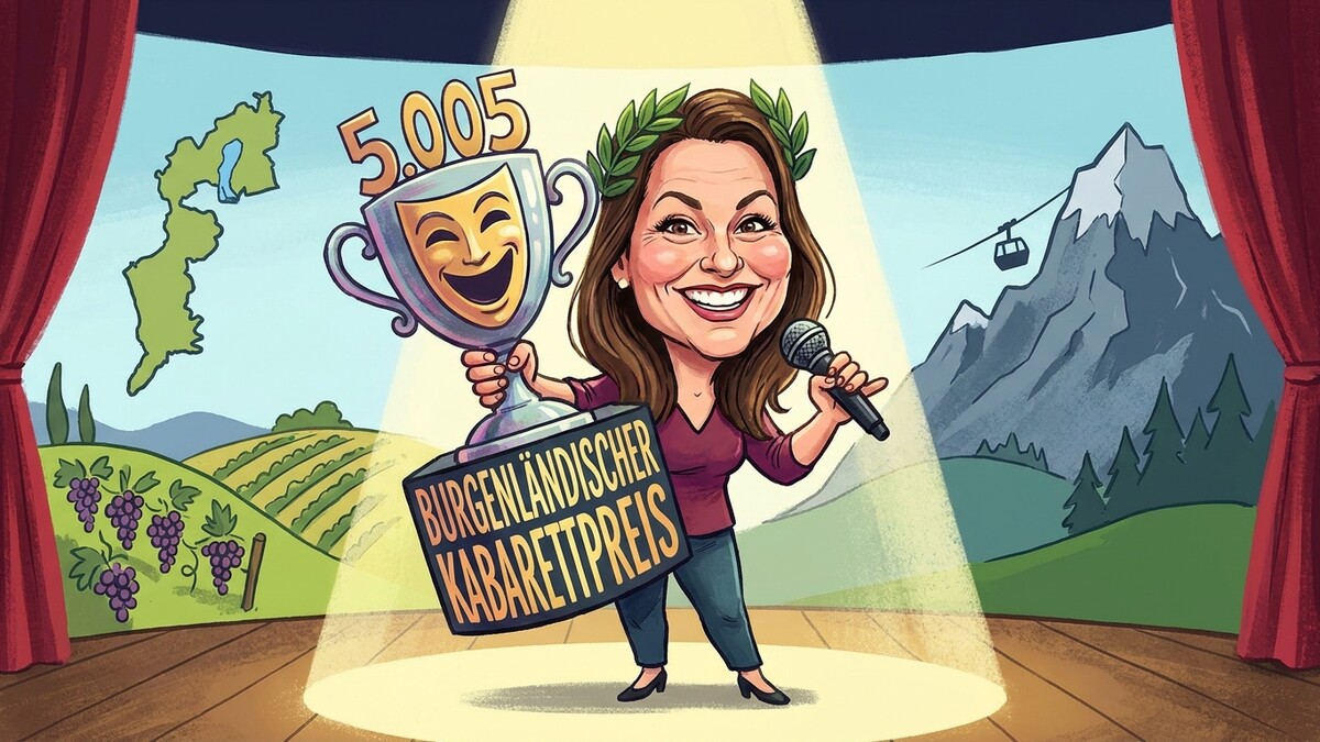 Kabarettpreis-Gewinnerin mit Mikrofon und Trophäe vor burgenländischer und Tiroler Bergkulisse