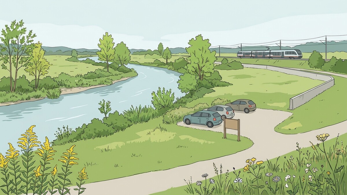 Zug mit drei Waggons fährt auf Gleisen neben einem Fluss, drei Autos parken am Ufer.