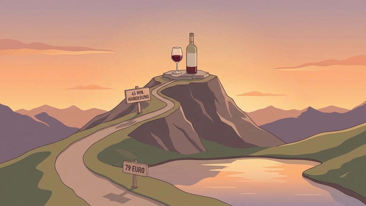 Wein-Wanderung: Flaschen- und Weinglas-Symbol auf Bergspitze, Wegweiser mit 45 Min. und 79 Euro.