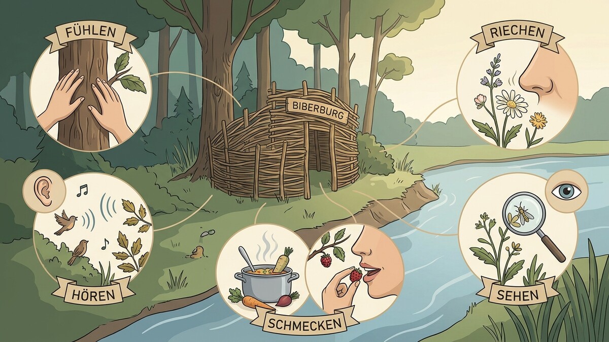 Biberburg im Wald mit Darstellungen von Fühlen, Hören, Riechen, Schmecken und Sehen.