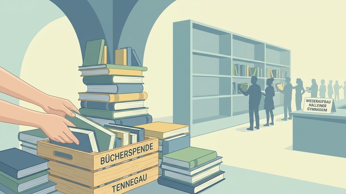 Bücherspende für Halleiner Gymnasium mit Menschen, die Bücher ins Regal stellen