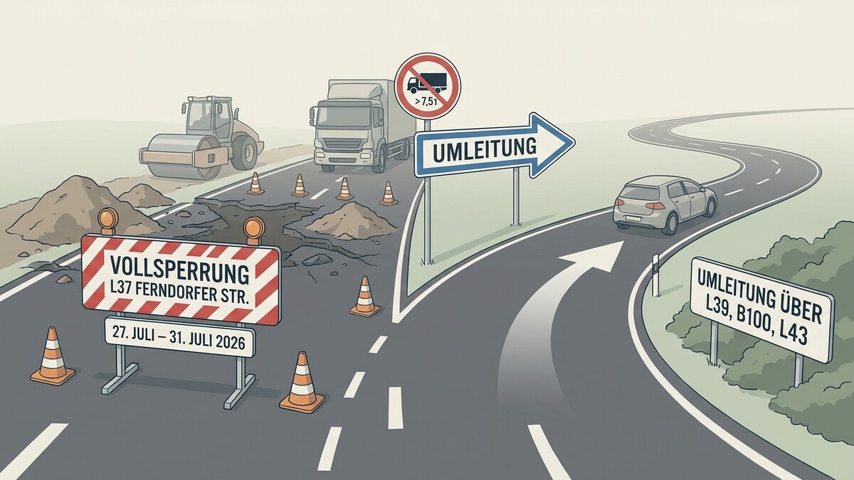 Vollsperrung L37 Ferndorfer Straße mit Umleitung für LKW und PKW über L39, B100, L43