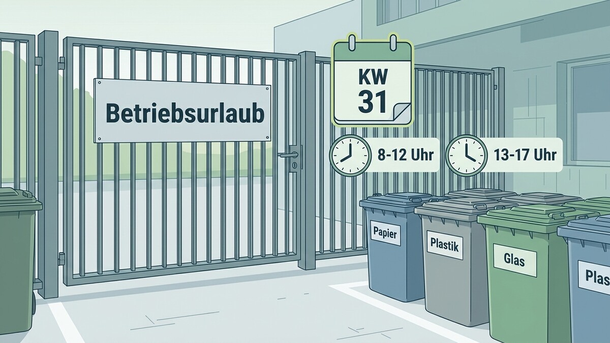 Betriebsurlaub KW 31 mit Öffnungszeiten: 8-12 Uhr und 13-17 Uhr, Mülltonnen für Papier, Plastik, Glas